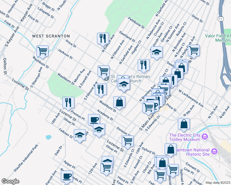 map of restaurants, bars, coffee shops, grocery stores, and more near 113 South Rebecca Avenue in Scranton