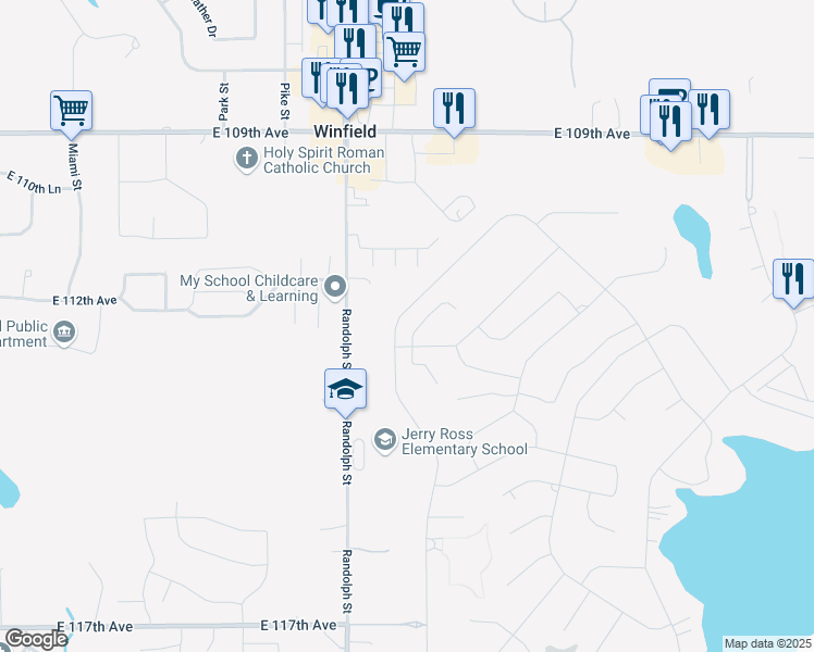 map of restaurants, bars, coffee shops, grocery stores, and more near 3674 Kingsway Drive in Crown Point