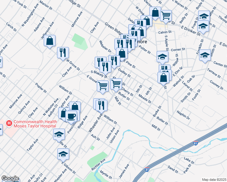 map of restaurants, bars, coffee shops, grocery stores, and more near in Dunmore