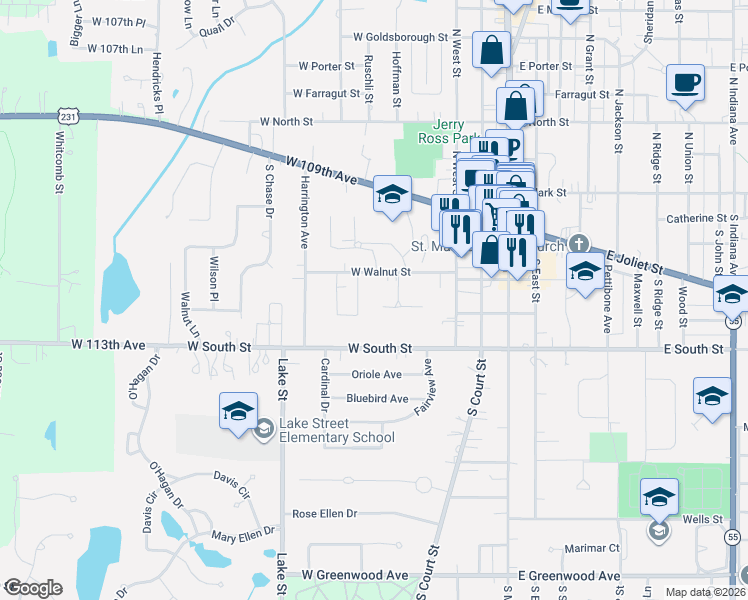 map of restaurants, bars, coffee shops, grocery stores, and more near 321 Hoffman Court in Crown Point