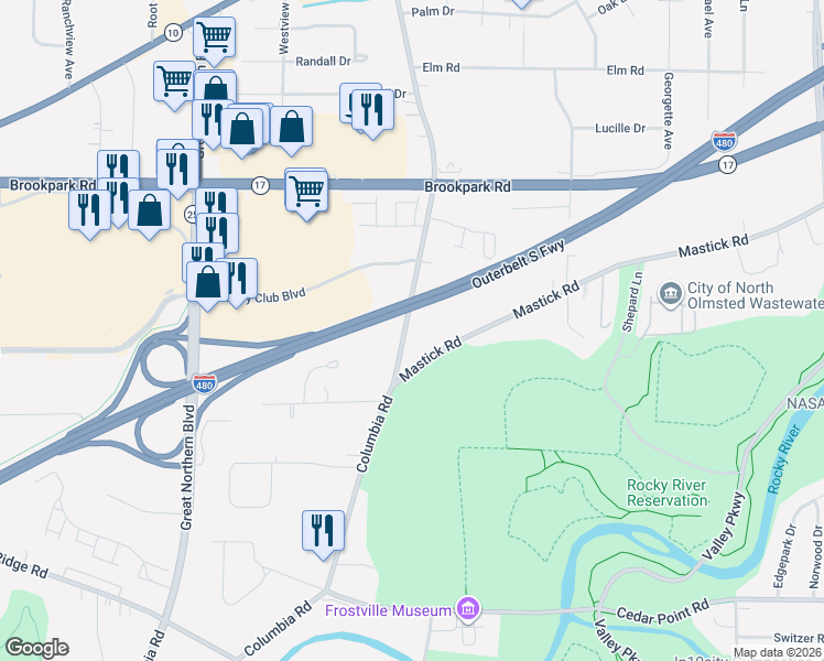 map of restaurants, bars, coffee shops, grocery stores, and more near 5174 Columbia Road in North Olmsted