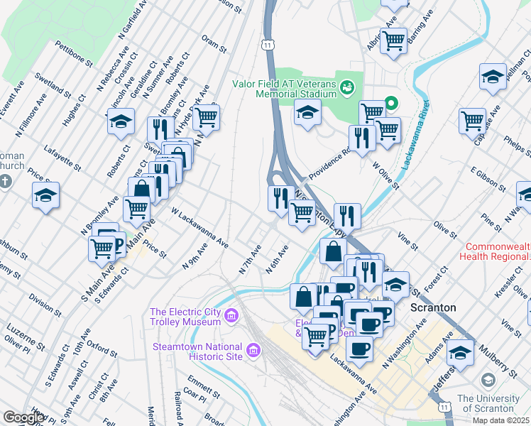 map of restaurants, bars, coffee shops, grocery stores, and more near 500 Mount Pleasant Drive in Scranton