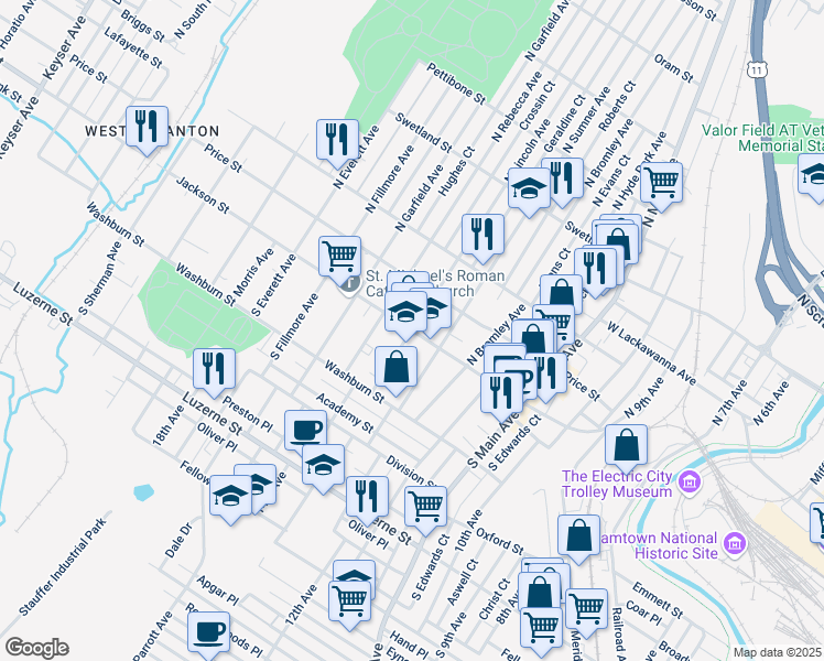 map of restaurants, bars, coffee shops, grocery stores, and more near South Lincoln Avenue in Scranton