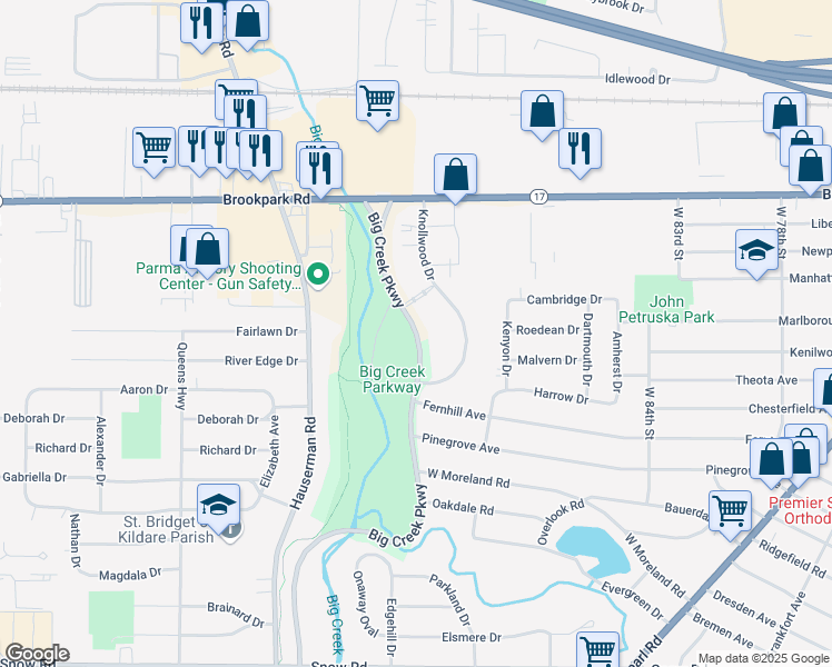 map of restaurants, bars, coffee shops, grocery stores, and more near 5393 Big Creek Parkway in Parma