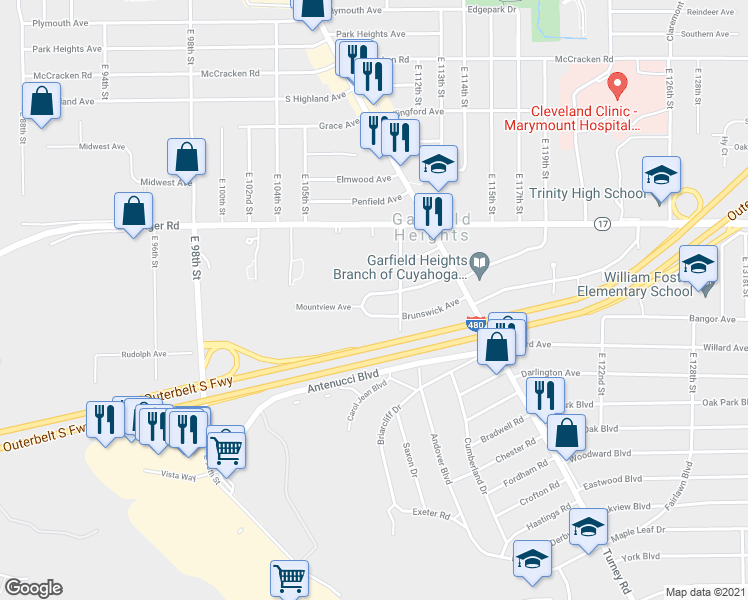map of restaurants, bars, coffee shops, grocery stores, and more near 10900 Mountview Avenue in Garfield Heights