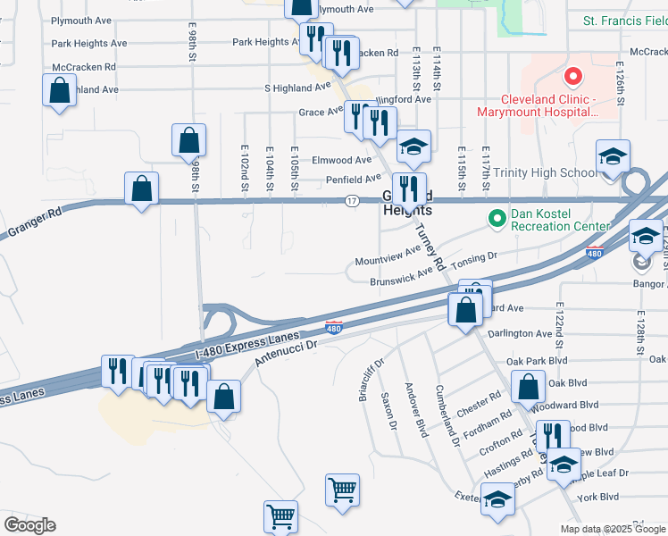 map of restaurants, bars, coffee shops, grocery stores, and more near 10713 Mountview Avenue in Garfield Heights