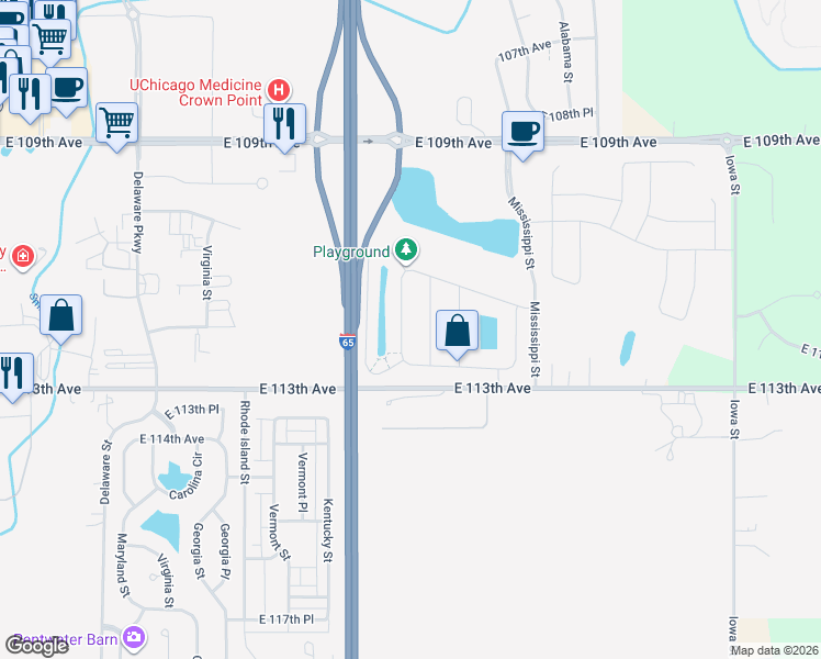 map of restaurants, bars, coffee shops, grocery stores, and more near 11155 Tennessee Street in Crown Point