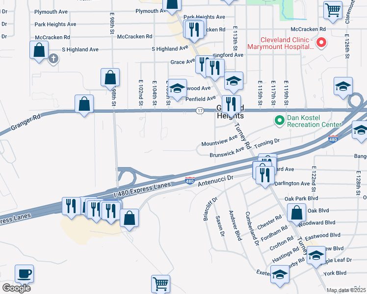 map of restaurants, bars, coffee shops, grocery stores, and more near 10697 Mountview Avenue in Garfield Heights