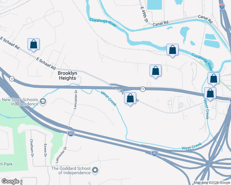 map of restaurants, bars, coffee shops, grocery stores, and more near 1093 East Schaaf Road in Brooklyn Heights