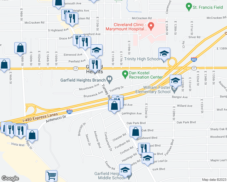 map of restaurants, bars, coffee shops, grocery stores, and more near 11434 Tonsing Drive in Garfield Heights
