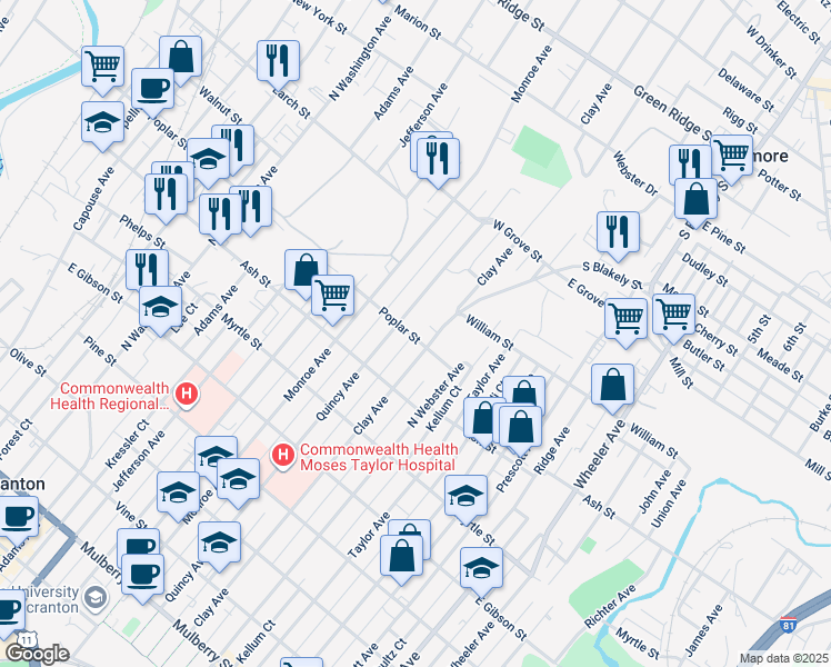 map of restaurants, bars, coffee shops, grocery stores, and more near 1101 Clay Avenue in Scranton