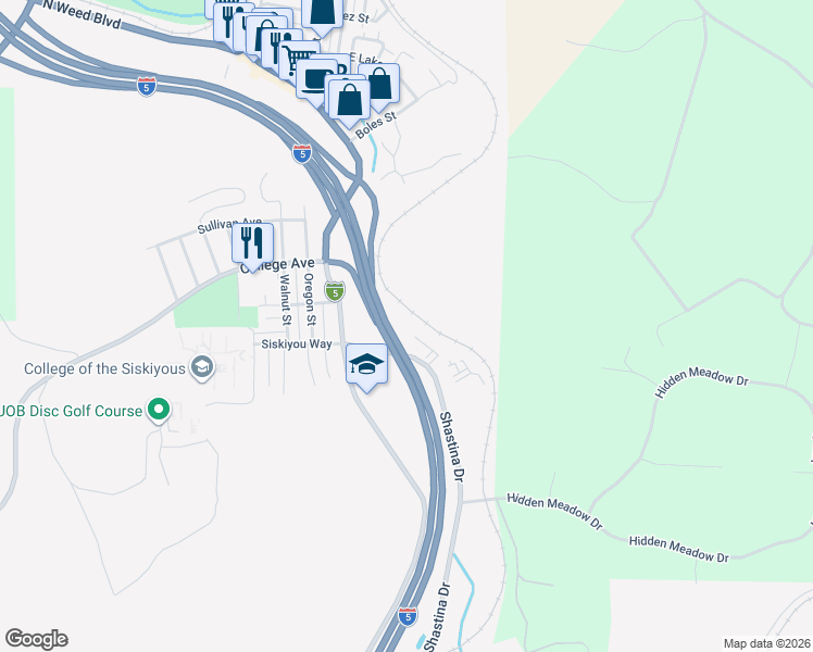 map of restaurants, bars, coffee shops, grocery stores, and more near 550 Shastina Drive in Weed