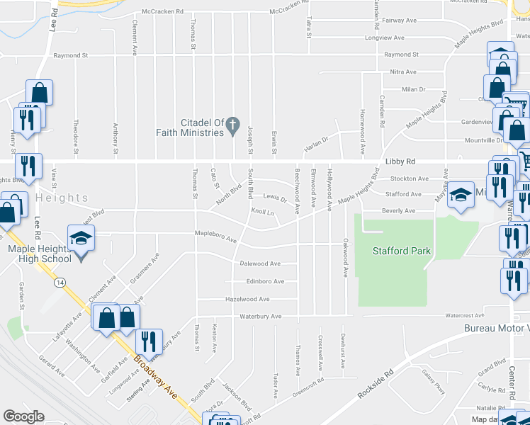 map of restaurants, bars, coffee shops, grocery stores, and more near 18220 Knoll Lane in Maple Heights