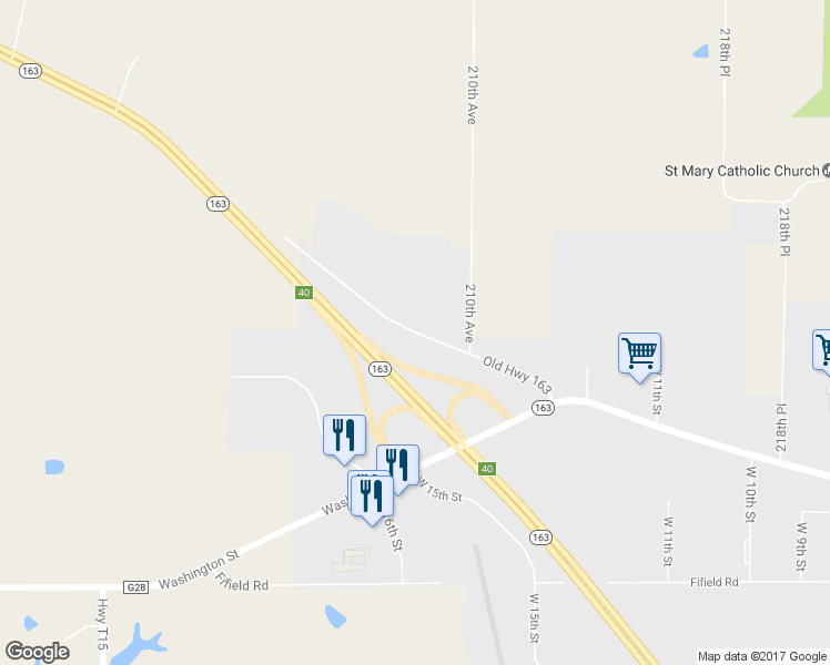 map of restaurants, bars, coffee shops, grocery stores, and more near 2199 Old Highway 163 in Pella