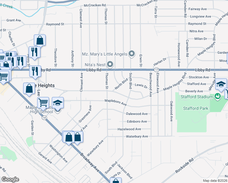 map of restaurants, bars, coffee shops, grocery stores, and more near Maple Heights Boulevard in Maple Heights