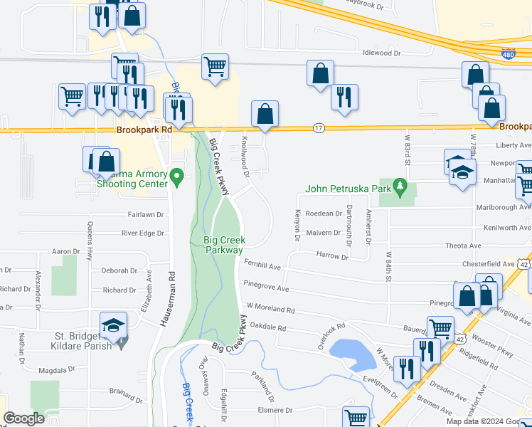 map of restaurants, bars, coffee shops, grocery stores, and more near 5364 Knollwood Drive in Parma