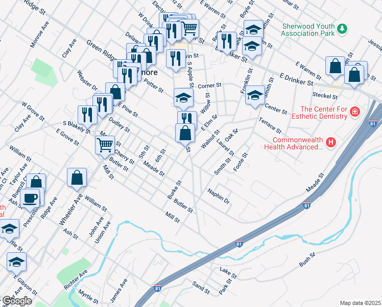 map of restaurants, bars, coffee shops, grocery stores, and more near 505 Chestnut Street in Dunmore