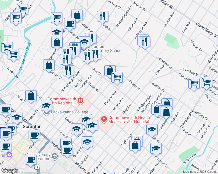 map of restaurants, bars, coffee shops, grocery stores, and more near 948 Madison Avenue in Scranton
