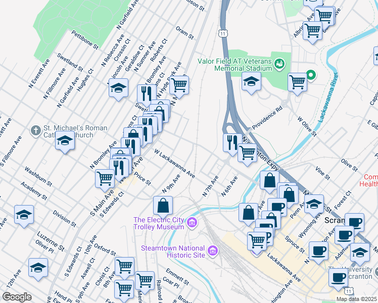 map of restaurants, bars, coffee shops, grocery stores, and more near 441 N 9th Ave in Scranton
