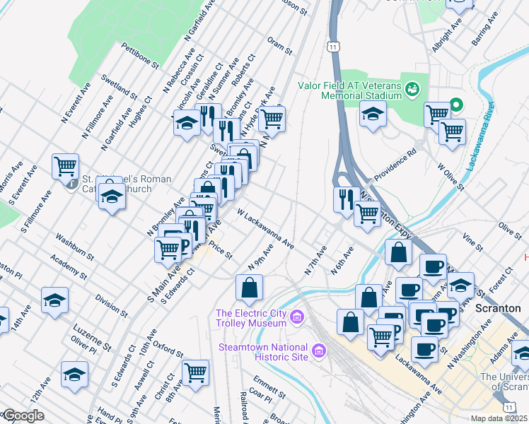 map of restaurants, bars, coffee shops, grocery stores, and more near 432-436 Saint Frances Cabrini Avenue in Scranton