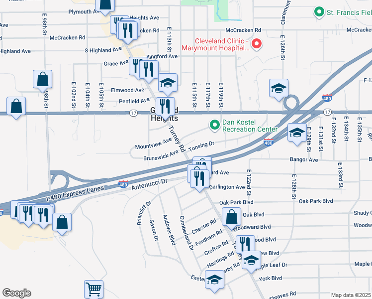 map of restaurants, bars, coffee shops, grocery stores, and more near in Garfield Heights