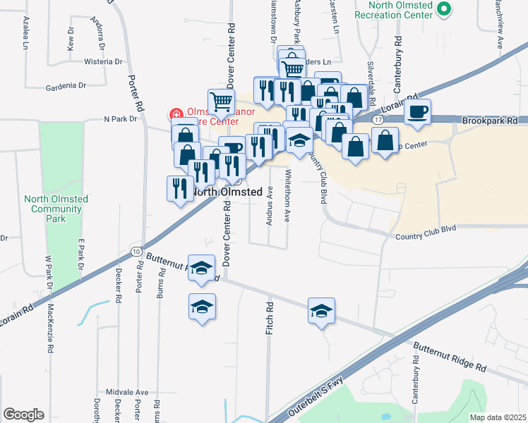 map of restaurants, bars, coffee shops, grocery stores, and more near 5116 Andrus Avenue in North Olmsted