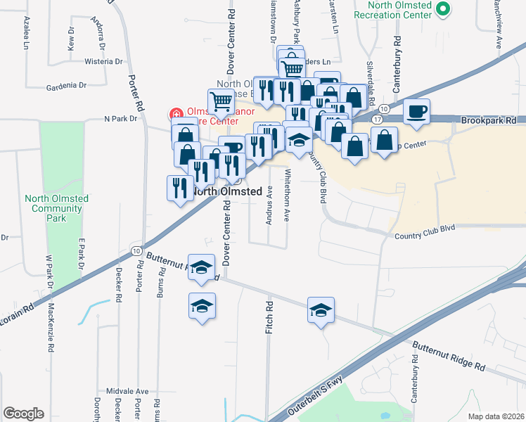map of restaurants, bars, coffee shops, grocery stores, and more near 5116 Andrus Avenue in North Olmsted