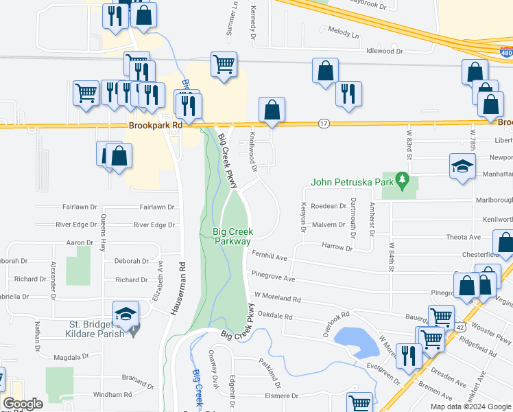 map of restaurants, bars, coffee shops, grocery stores, and more near 5363 Big Creek Parkway in Parma