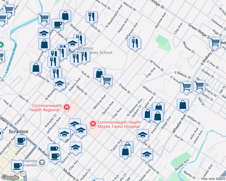 map of restaurants, bars, coffee shops, grocery stores, and more near 1017 Monroe Avenue in Scranton