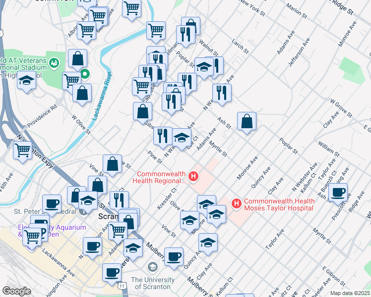 map of restaurants, bars, coffee shops, grocery stores, and more near 521 East Gibson Street in Scranton