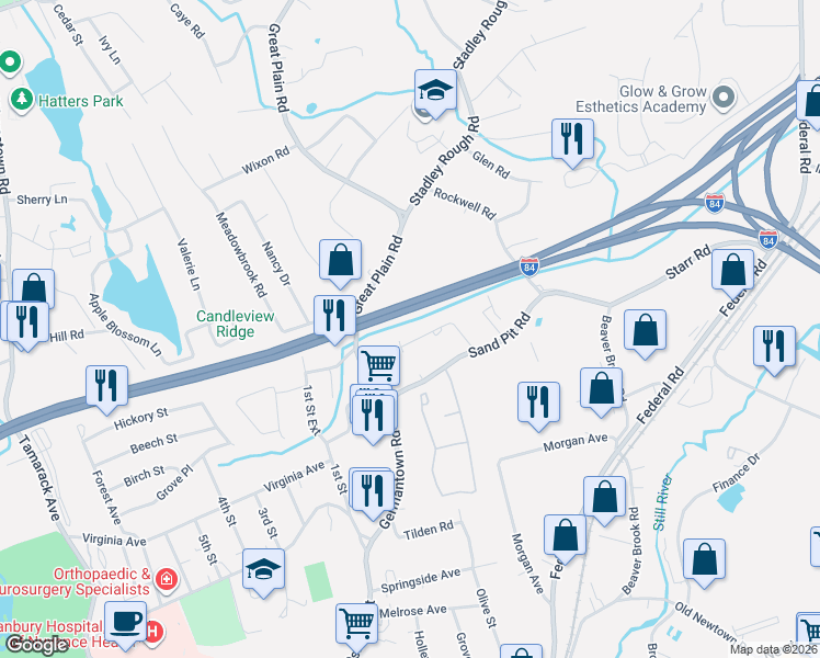 map of restaurants, bars, coffee shops, grocery stores, and more near 16 Michaud Road in Danbury