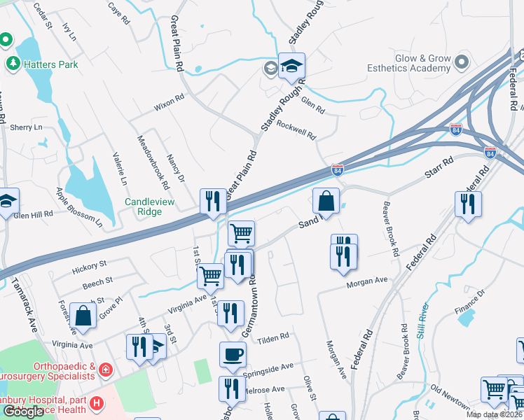 map of restaurants, bars, coffee shops, grocery stores, and more near 16 Michaud Road in Danbury