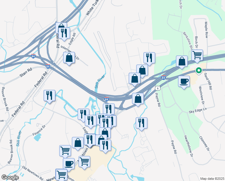 map of restaurants, bars, coffee shops, grocery stores, and more near Betts Road in Danbury