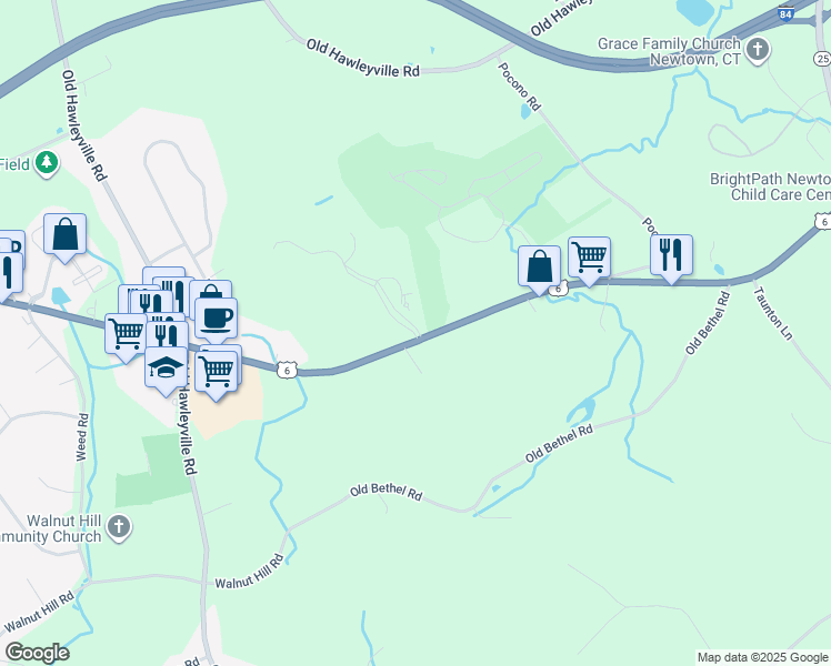 map of restaurants, bars, coffee shops, grocery stores, and more near 93 Suzie Drive in Newtown