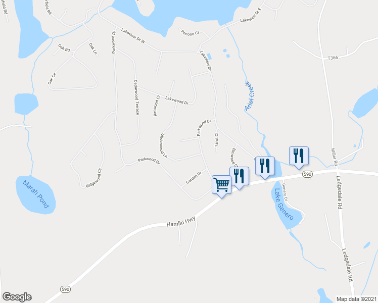 map of restaurants, bars, coffee shops, grocery stores, and more near 159 Underwood Lane in Hamlin