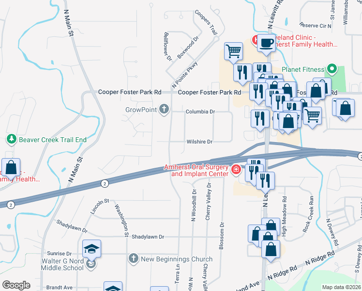 map of restaurants, bars, coffee shops, grocery stores, and more near 884 Wilshire Drive in Amherst