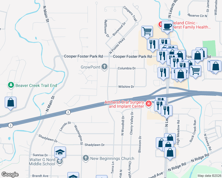 map of restaurants, bars, coffee shops, grocery stores, and more near 884 Wilshire Drive in Amherst