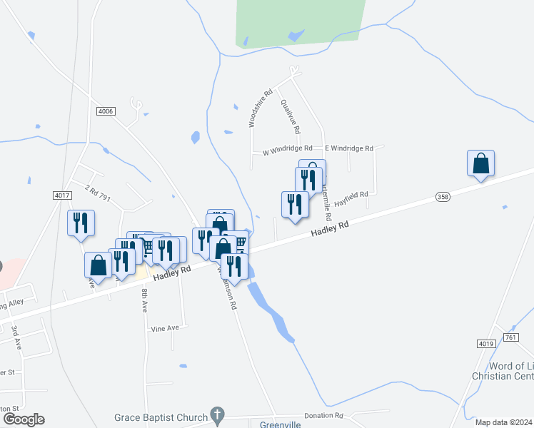 map of restaurants, bars, coffee shops, grocery stores, and more near 92 Hadley Road in Greenville