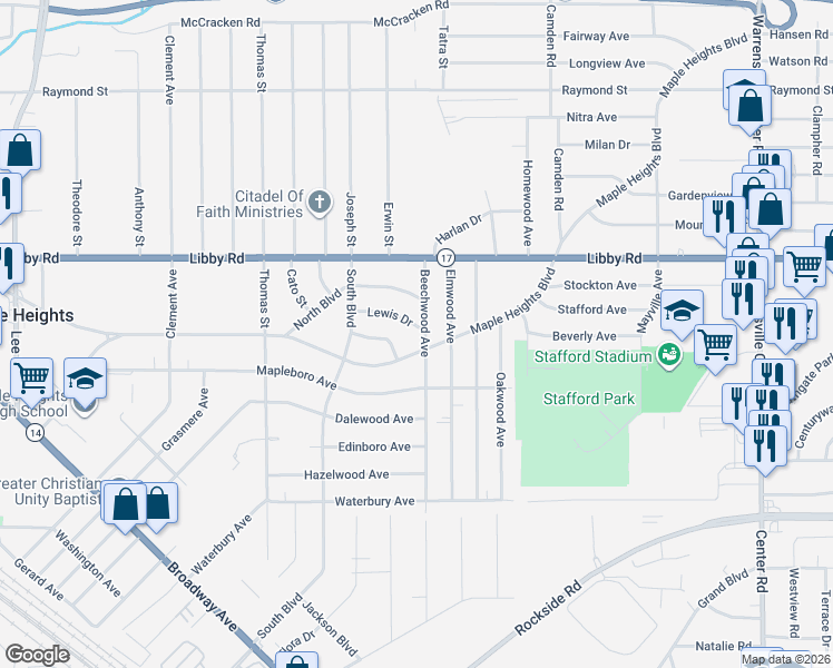 map of restaurants, bars, coffee shops, grocery stores, and more near 18512 Lewis Drive in Maple Heights