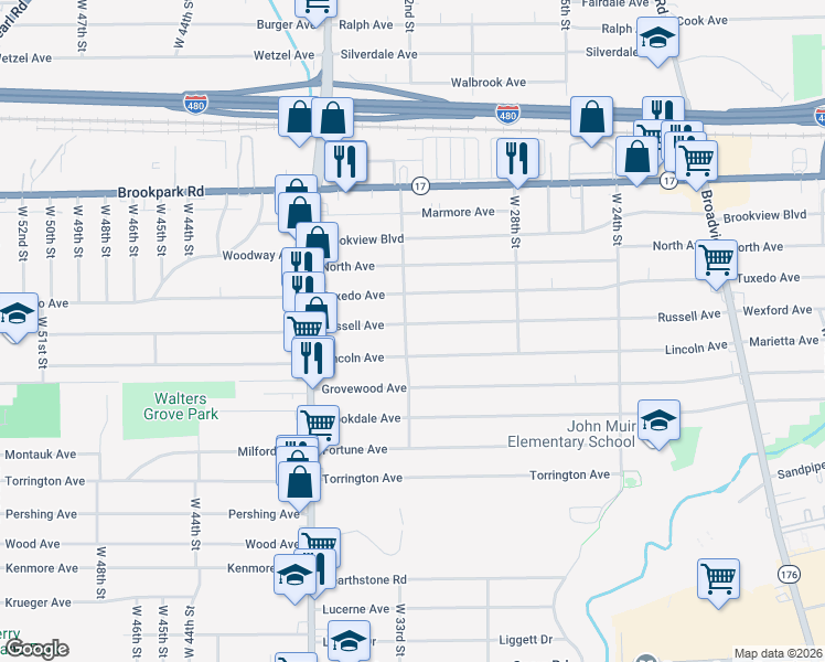 map of restaurants, bars, coffee shops, grocery stores, and more near 3201 Russell Avenue in Parma