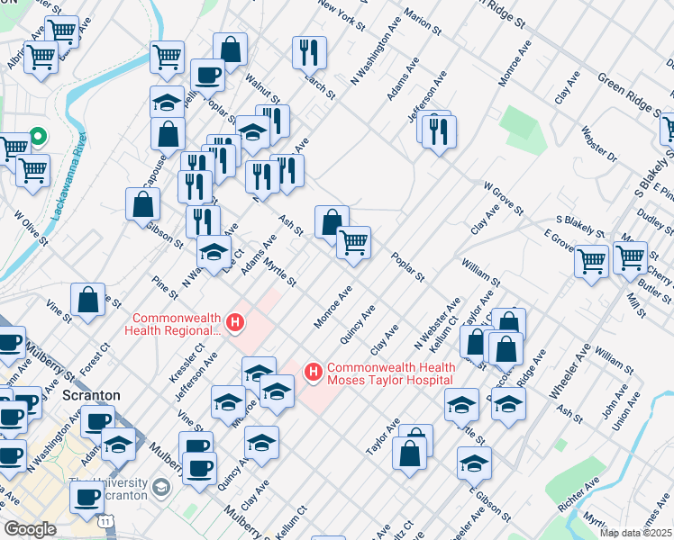 map of restaurants, bars, coffee shops, grocery stores, and more near 948 Madison Avenue in Scranton