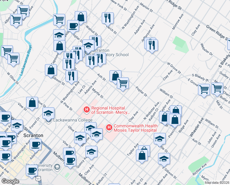 map of restaurants, bars, coffee shops, grocery stores, and more near 948 Madison Avenue in Scranton