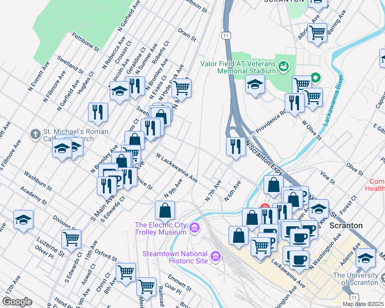 map of restaurants, bars, coffee shops, grocery stores, and more near 441 N 9th Ave in Scranton