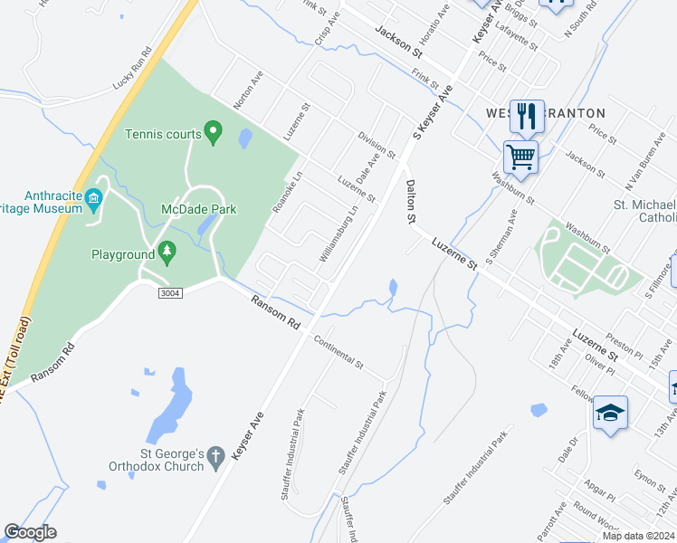 map of restaurants, bars, coffee shops, grocery stores, and more near 418 Williamsburg Lane in Scranton