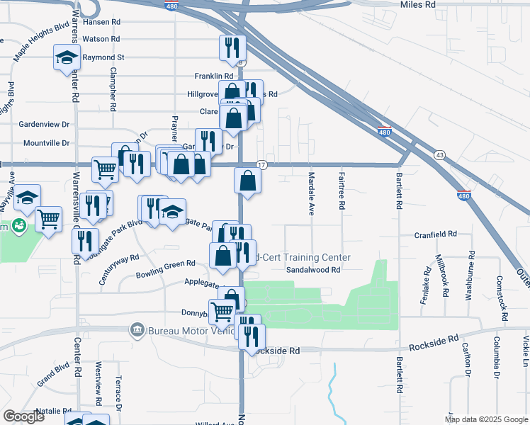 map of restaurants, bars, coffee shops, grocery stores, and more near 5311 Northfield Road in Bedford Heights