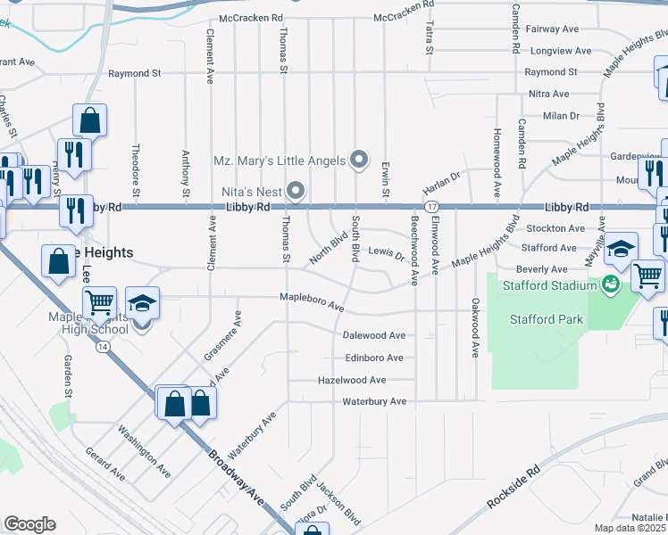 map of restaurants, bars, coffee shops, grocery stores, and more near 5366 South Boulevard in Maple Heights