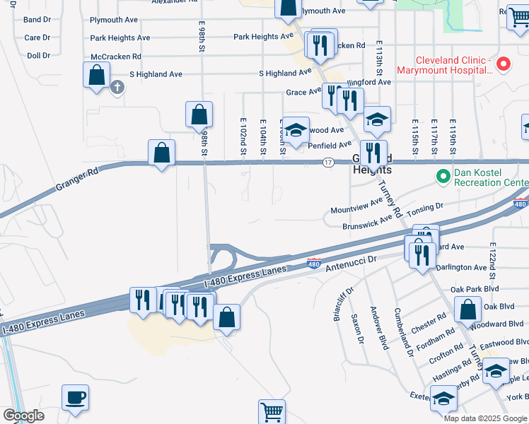 map of restaurants, bars, coffee shops, grocery stores, and more near 10300 Granger Road in Cleveland