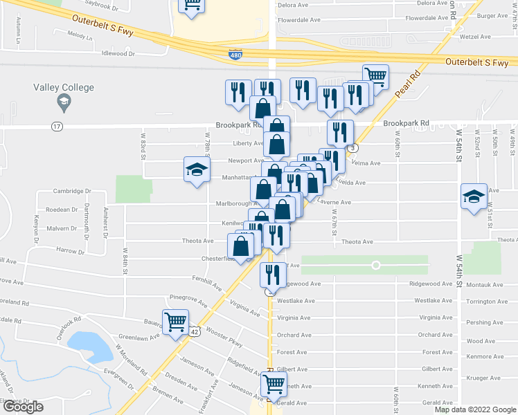 map of restaurants, bars, coffee shops, grocery stores, and more near 5358 Ridge Road in Parma