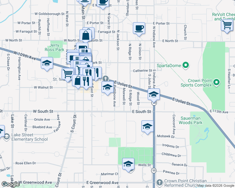 map of restaurants, bars, coffee shops, grocery stores, and more near 230 Pettibone Avenue in Crown Point