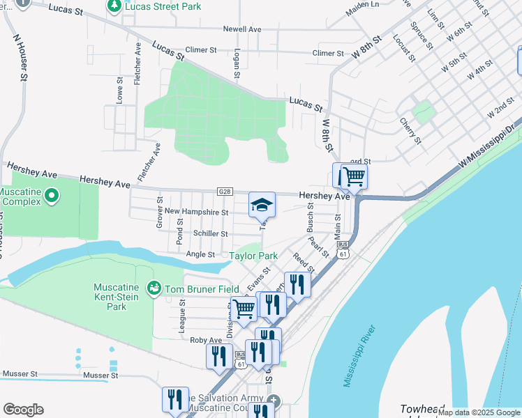 map of restaurants, bars, coffee shops, grocery stores, and more near 108 Taylor Street in Muscatine